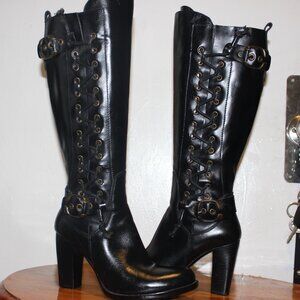 $199 Sexy Nine West Granny Goth Knee High Heel Side Tie & Zip Bots 7.5 Like New